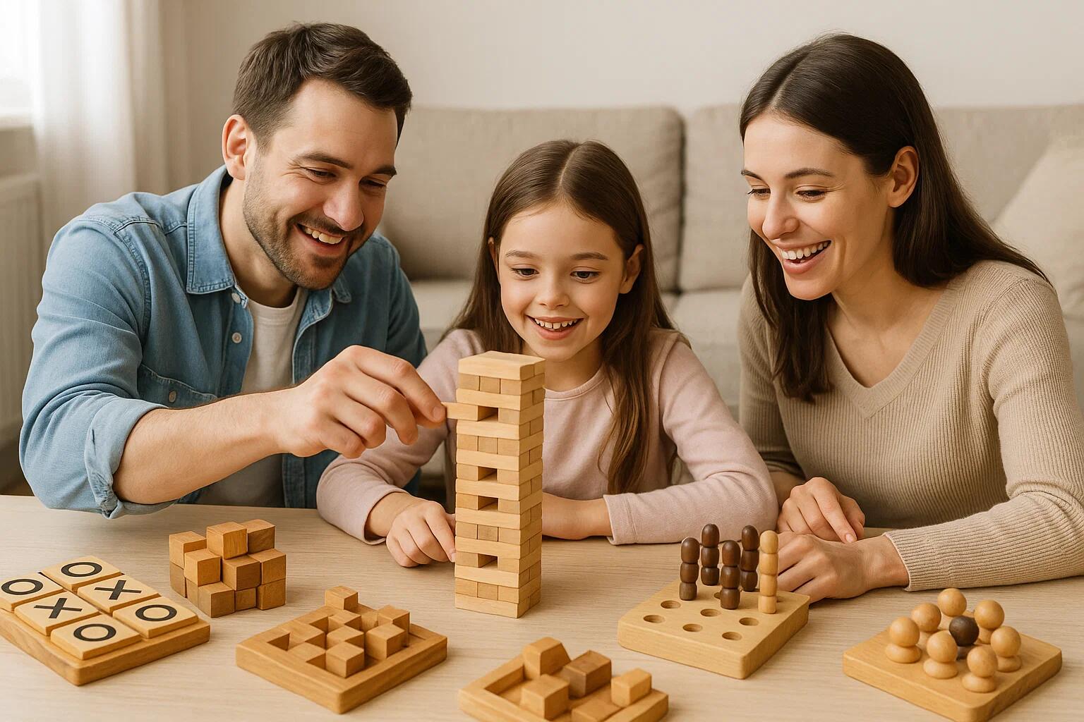 A close-up of a child's hands carefully placing one wooden block on top of another.