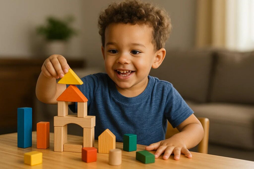 A child deeply engrossed in building a complex structure with wooden blocks, oblivious to surroundings