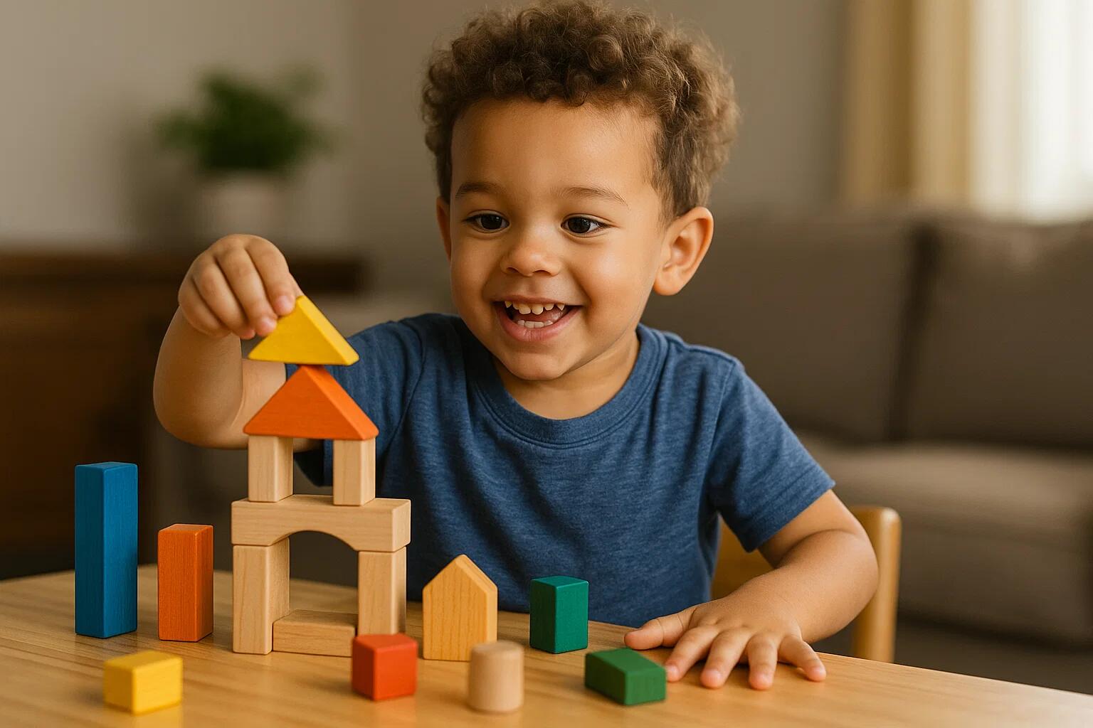 A child deeply engrossed in building a complex structure with wooden blocks, oblivious to surroundings