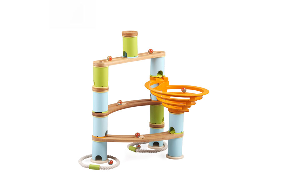 An overhead shot showcasing a variety of wooden toys: blocks, a puzzle, and a pull-along animal