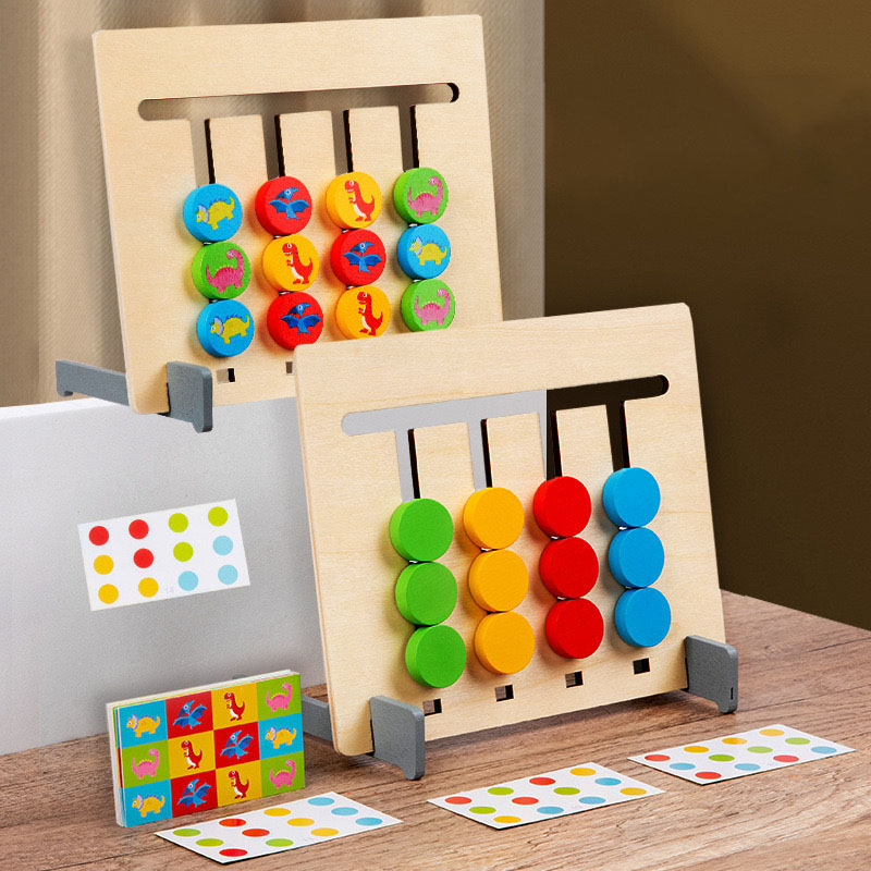 A shelf displaying both Montessori-style natural wood sorting toys and Waldorf-inspired rainbow stackers