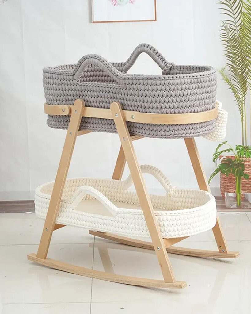 A close-up view showing the tight, strong weave of a crochet Moses basket's wall