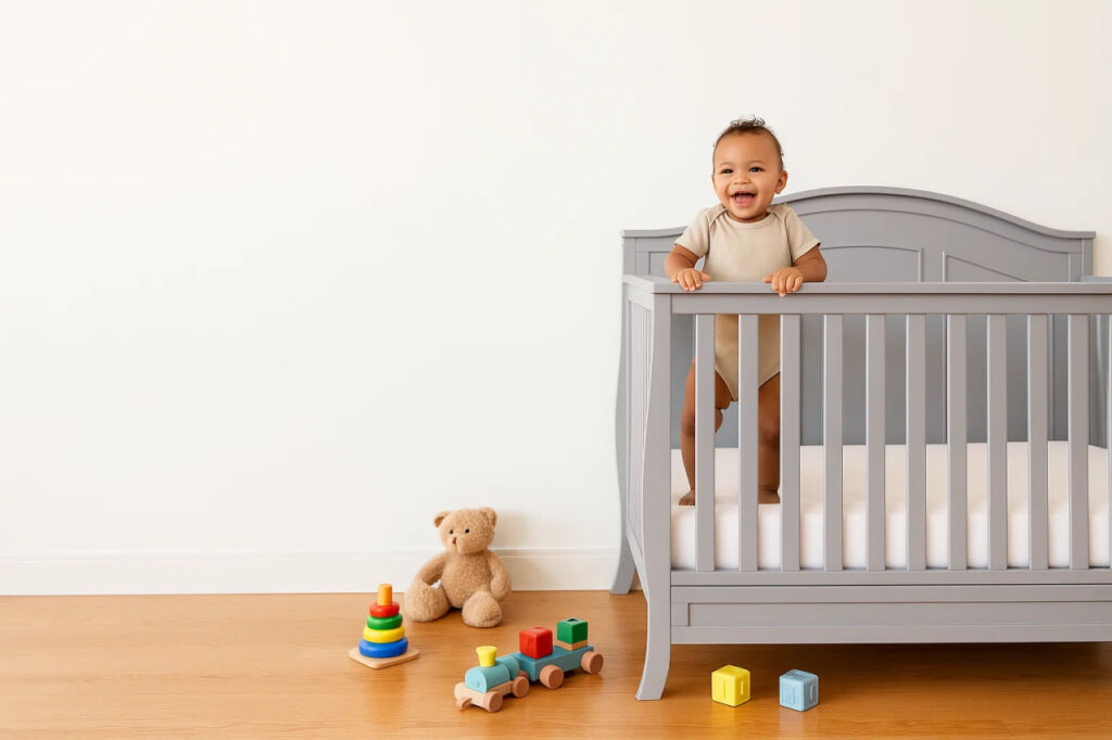 A baby pushing up on its arms, with an arrow pointing from a Moses basket to a larger crib