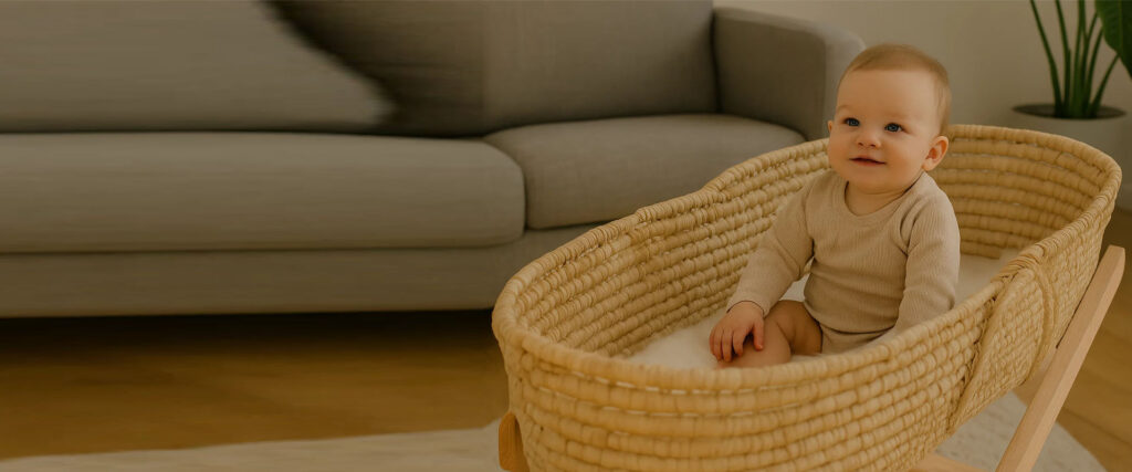 A chic nursery with a Moses basket on a stand, highlighting its aesthetic appeal