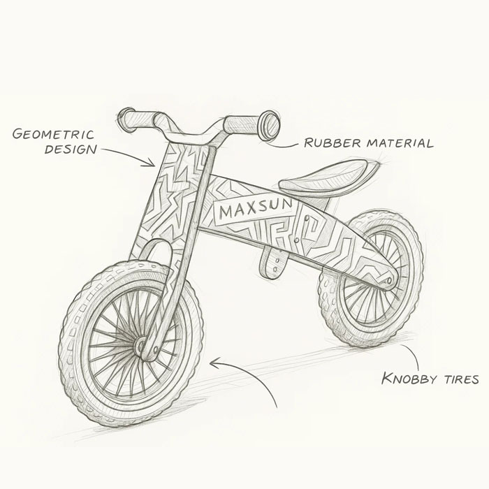 A small toddler easily lifting and turning their lightweight wooden balance bike on a sidewalk