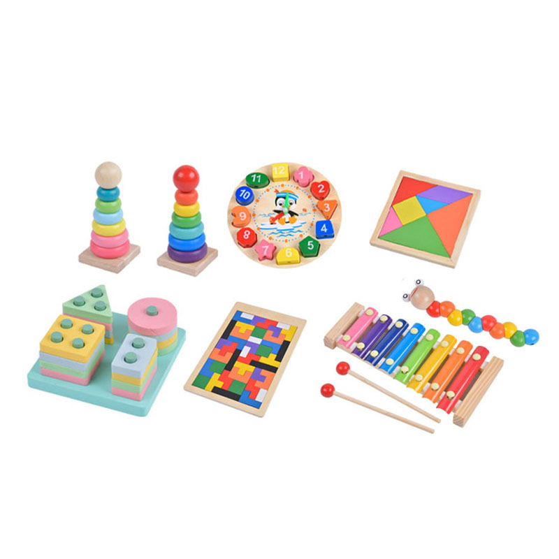 A beautifully arranged Montessori play kit with wooden toys on a low shelf.