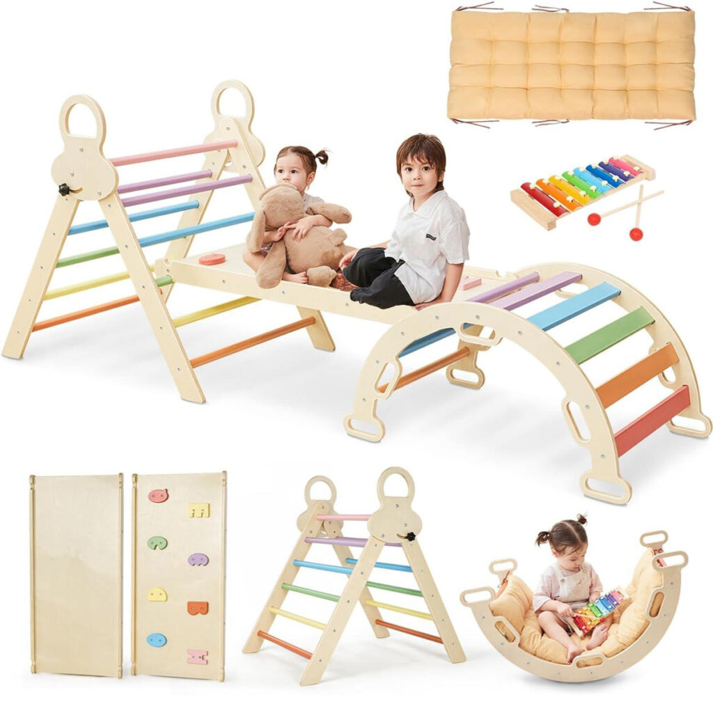 A toddler confidently climbing on a Pikler Triangle in a playroom.