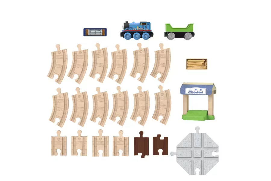 A classic Wooden Thomas the Train engine on a wooden track, connected to Annie and Clarabel.