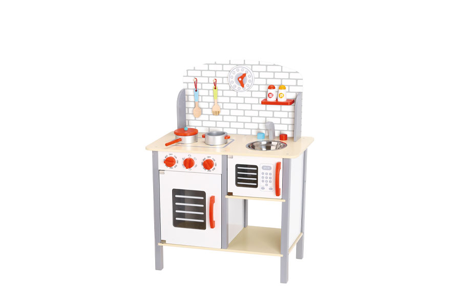 A close-up showing the strong joints and solid construction of a high-quality wooden toy kitchen.