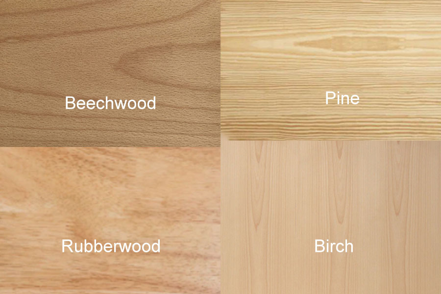 A comparison chart showing the safety features of beechwood, pine, birch, and rubberwood
