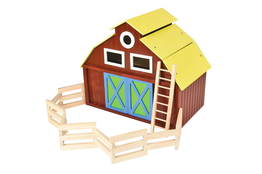 A split image showing a toddler with a small, open-plan barn and a group of preschoolers with a large, multi-story barn.