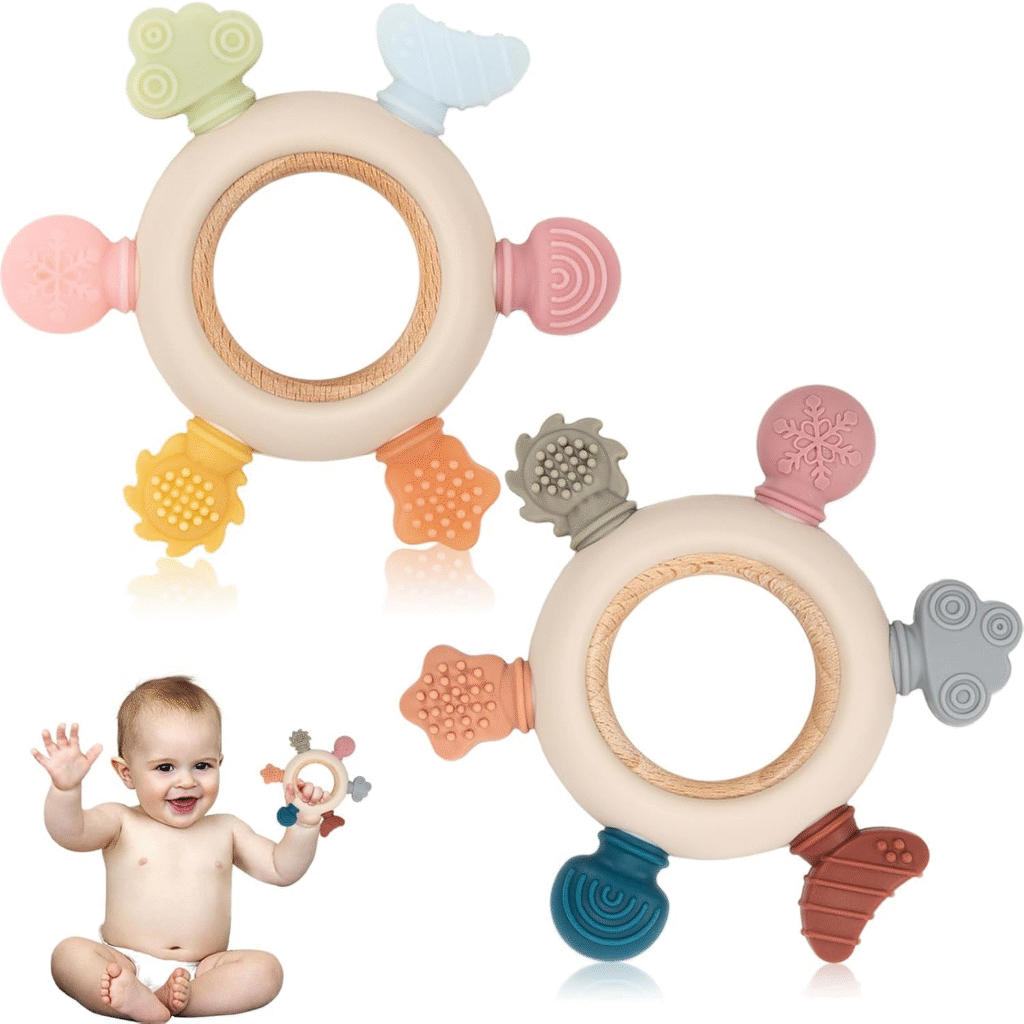 A split image showing a wooden teether on one side and a silicone teether on the other